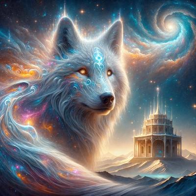 Primary subject: A wolf with a blue and white mane.

Setting/background: The wolf is standing in front of a building, which appears to be a castle. The sky is filled with stars, creating a celestial atmosphere.

Visual style: The image is a digital artwork, featuring a wolf with a blue and white mane as the main subject.

Colors and mood: The image has a blue and white color scheme, with the wolf's mane being predominantly blue. The overall atmosphere is serene and magical, with the wolf standing in front of the castle and the night sky filled with stars.